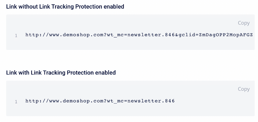 A comparison between a link with and without Link Tracking Protection enabled. The one without has extra characters added, which track user behavior. The one with tracking protection has removed these extra characters. 