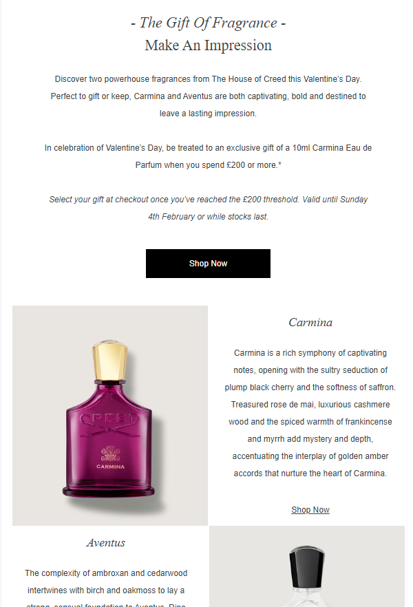 Email example of Valentine's Day Marketing of Creed promoting fragrances. 