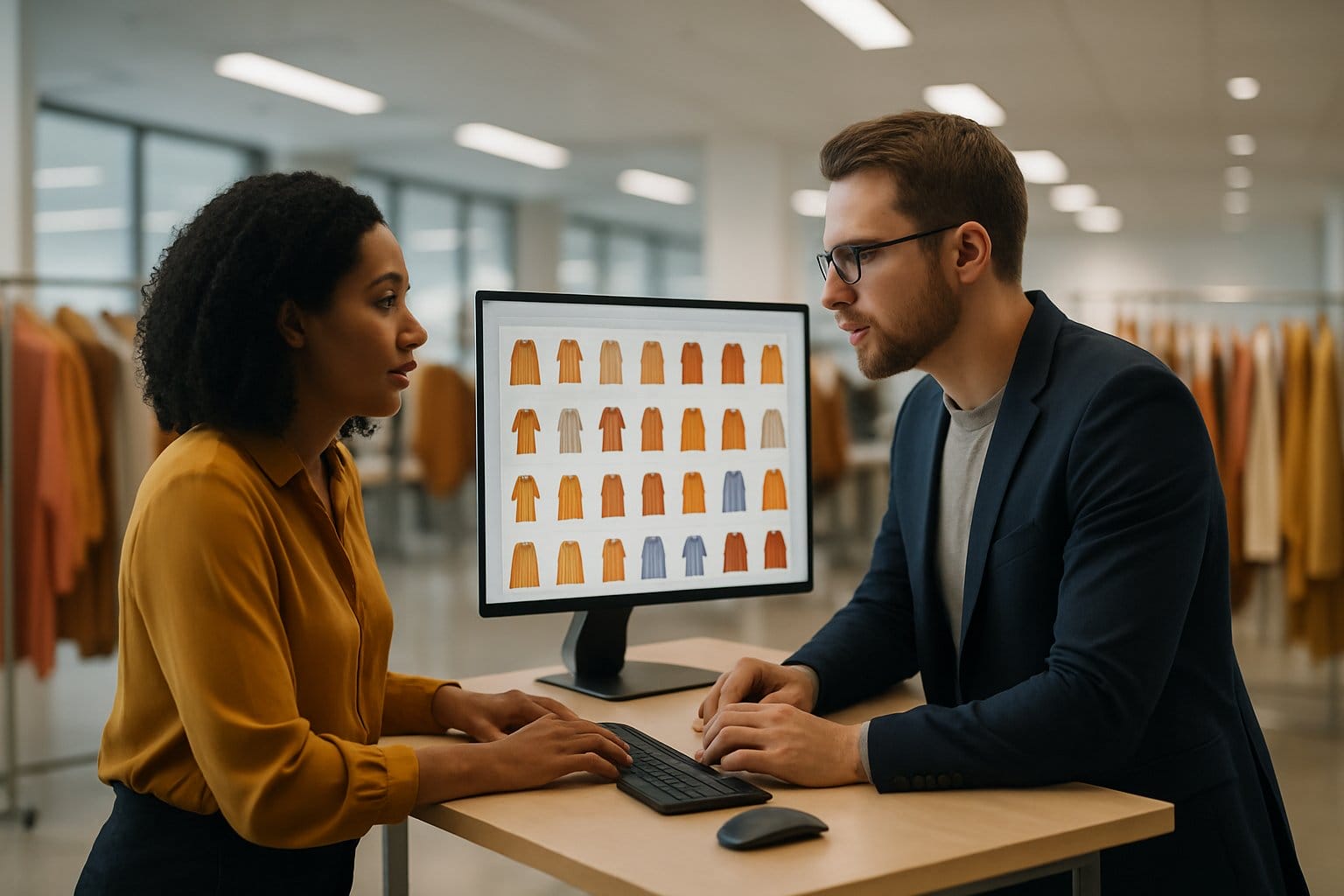 Fashion retail team reviewing structured product data on a large screen in a collaborative workspace